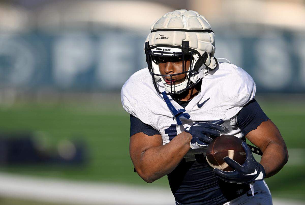 Penn State running back Kaytron Allen runs a drill during a spring practice on Tuesday, March 21, 2023.