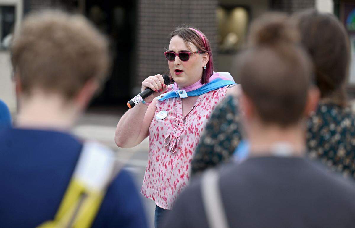 Centre LGBT+ board chair Michel Lee Garrett speaks during the Transgender Day of Visibility rally on Tuesday, March 31, 2026.  