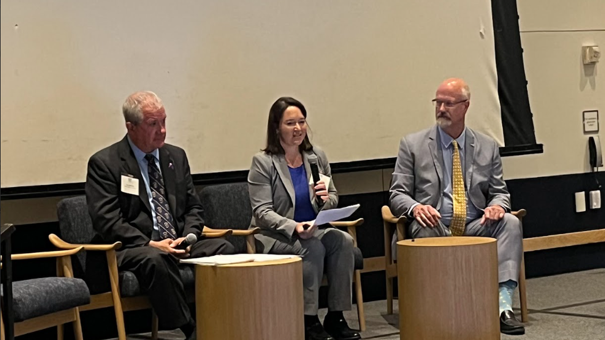 From left, Centre County Commissioners Steve Dershem, Amber Concepcion and Mark Higgins at the CBICC’s State of the County event.