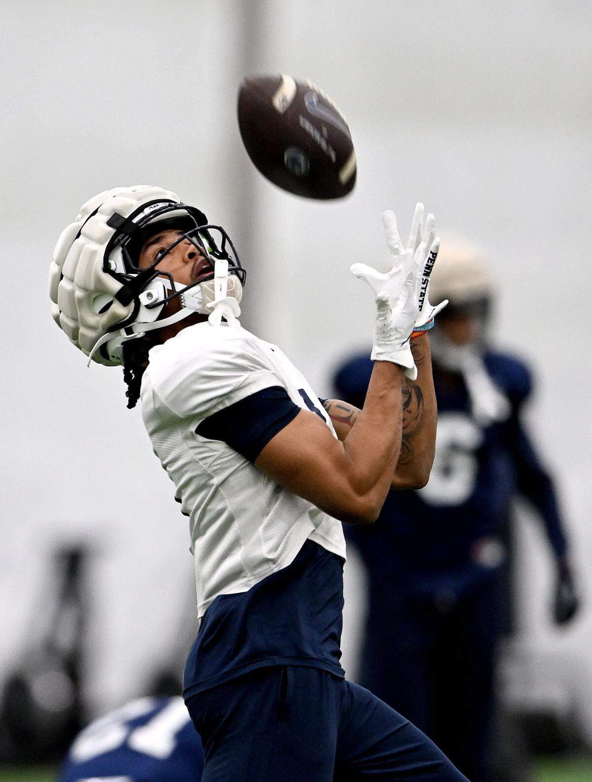 Penn State wide receiver Omari Evans makes a catch during practice on Friday, Dec. 27, 2024 at Holuba Hall as the team prepares for the Fiesta Bowl.
