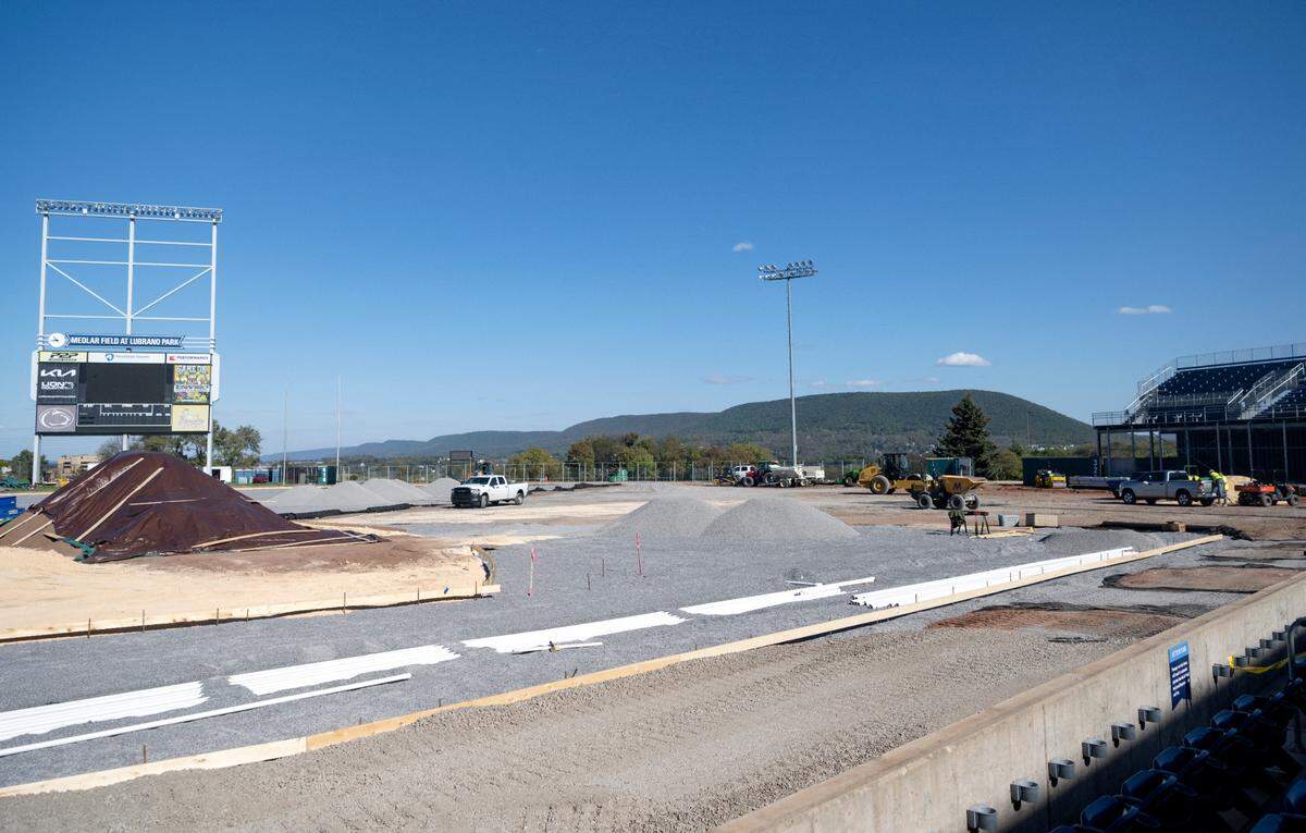 Crews are in the process of replacing the field from the irrigation system up to the new Kentucky bluegrass at Medlar Field at Lubrano Park on Wednesday, Oct. 11, 2023.