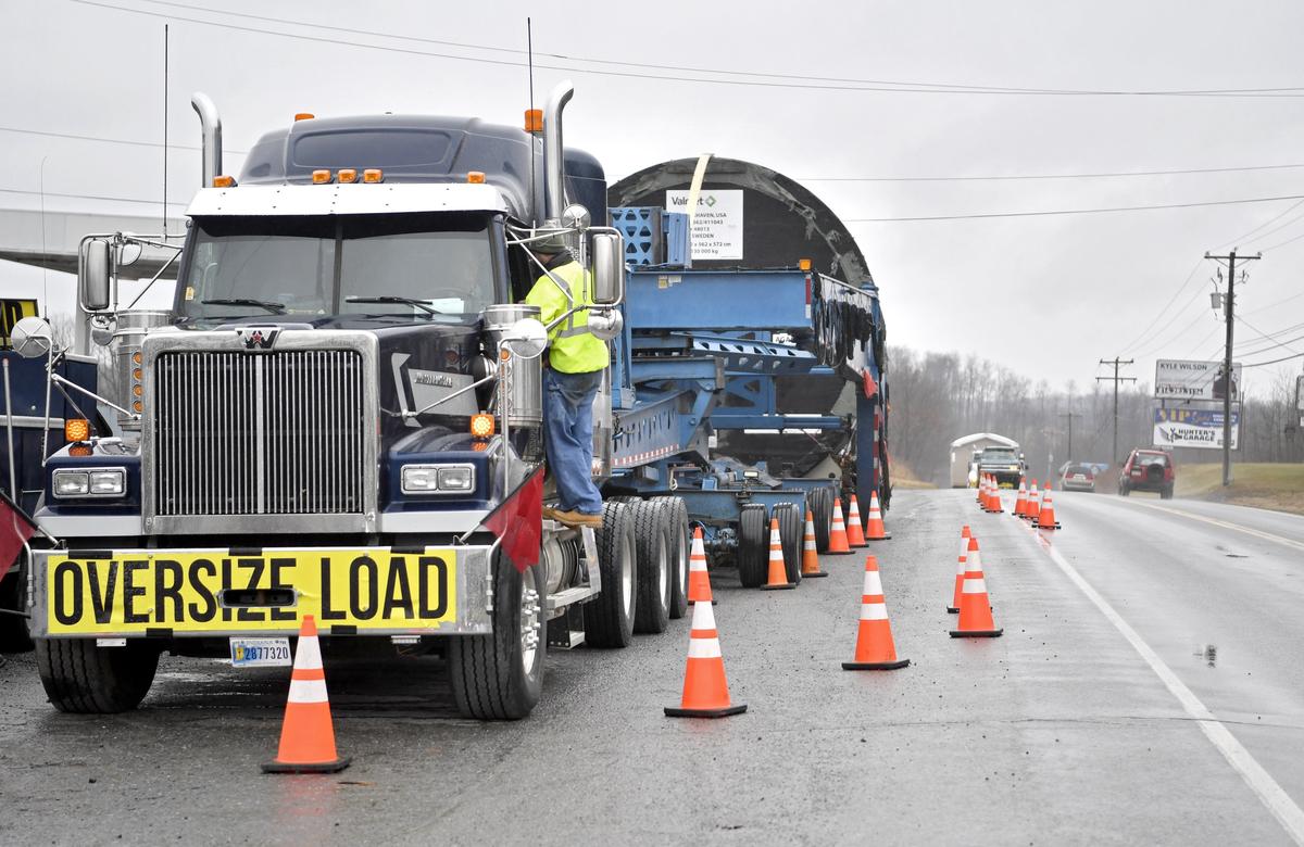 The “super load,” a truck hauling a Yankee dryer to First Quality Tissue in Lock Haven, stops along U.S. Route 322 in Bigler on Dec. 13, 2019.