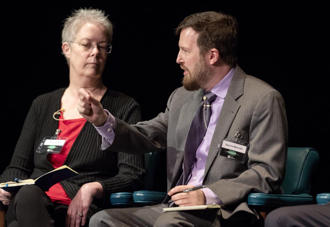 Penn State Palmer Chair in Telecommunications Sascha Meinrath discusses the problems of broadband during the Pennsylvania Priorities event to discuss the rural broadband crisis on Wednesday at The State Theatre.