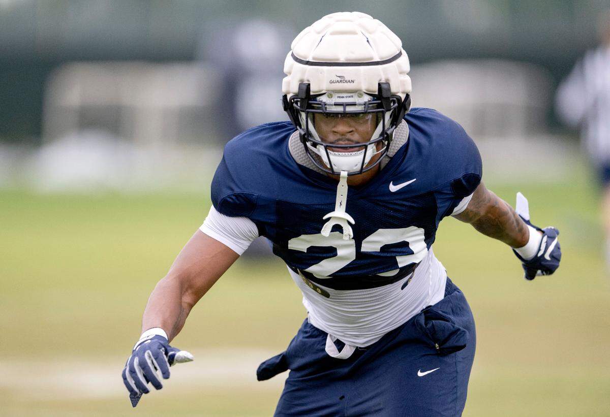Penn State linebacker Curtis Jacobs runs a drill during practice for the Rose Bowl at Dignity Health Sports Park in Los Angeles on Thursday, Dec. 29, 2022.
