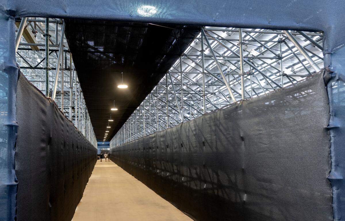 A walkway under the temporary stands on the west side of Beaver Stadium on Friday, Aug. 29, 2025.  