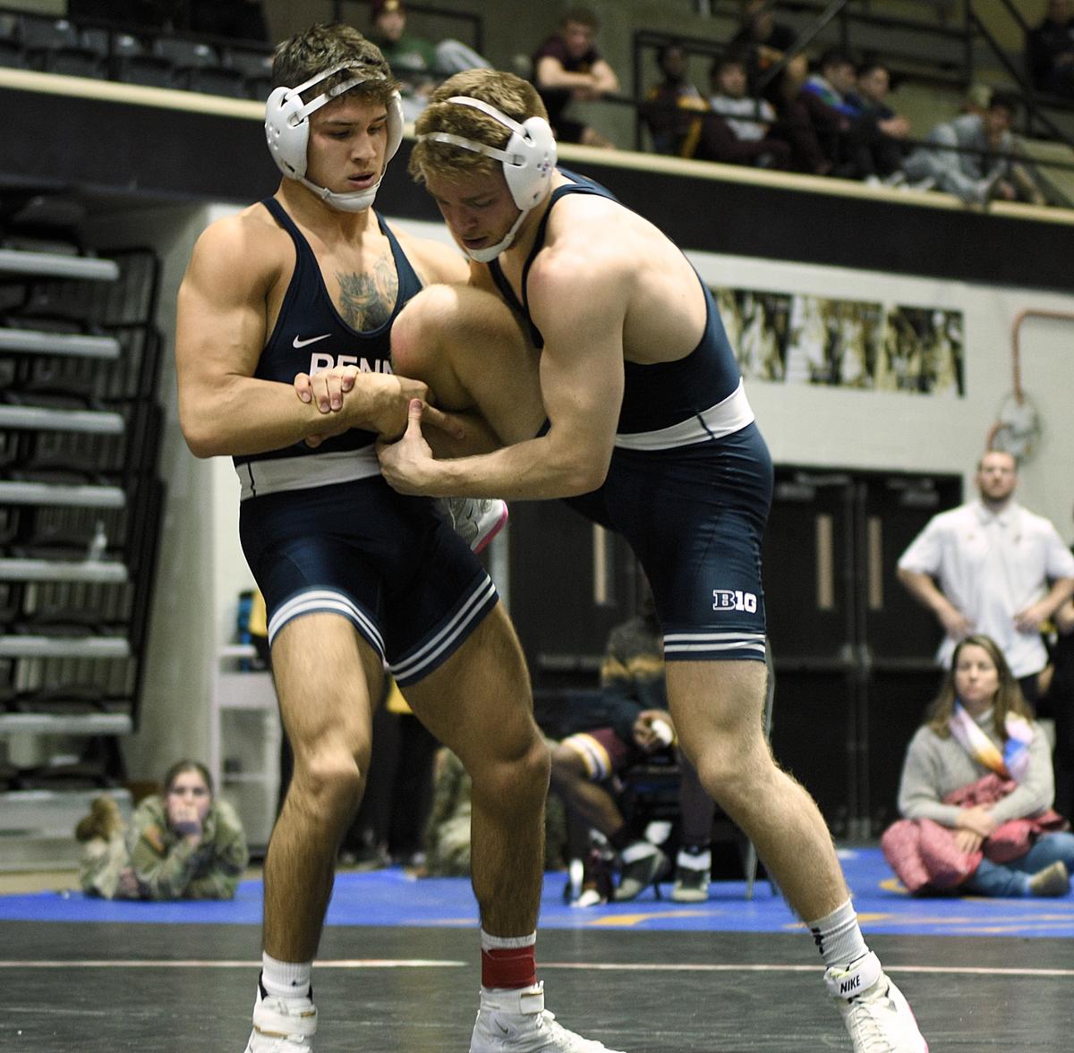 Penn State’s Alex Facundo, left, controls teammate Matt Lee in their 165-pound Black Knight Invite title match on Sunday at West Point, N.Y. Facundo topped Lee, 10-2.