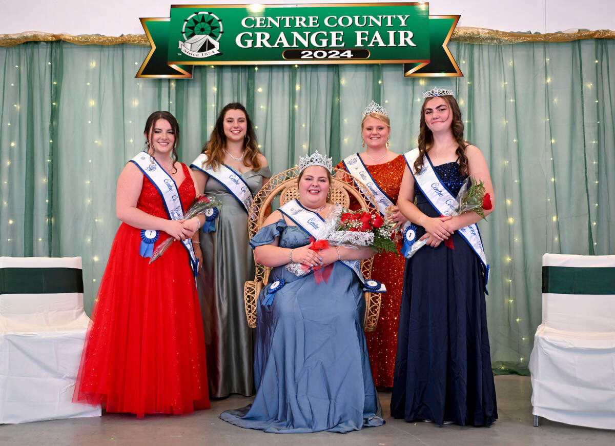 The 2024 Centre County Grange Fair Queen Kryslynn Ronk surrounded by ambassadors Grace Novosel and Madeline High, along with 2023 queen Teaghan Bair and 2024 queen alternate Katherine Coopey on Wednesday, Aug. 14, 2024.