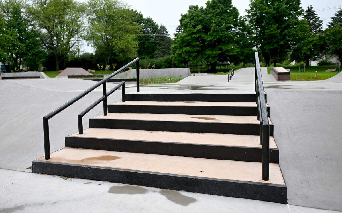 A set of stairs and rails at High Point Skate Park.  