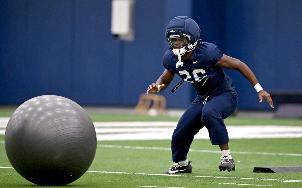 Penn State linebacker Cam Smith runs a drill during practice on Wednesday, Oct. 29, 2025. 