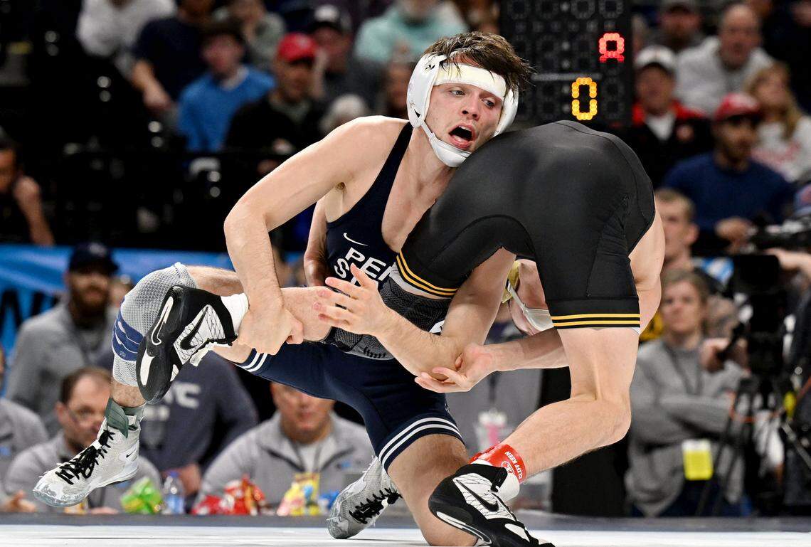 Penn State's Marcus Blaze gets the takedown in sudden victory against Iowa State’s Drake Ayala in the 133-pound semifinal bout at the Big Ten wrestling championships on Saturday, March 7, 2026 at the Bryce Jordan Center.
