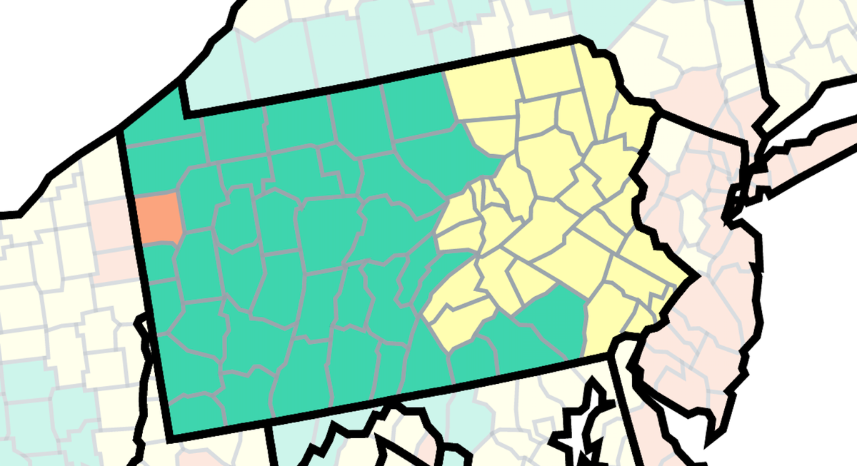 This map of Pennsylvania from the U.S. Centers for Disease Control and Prevention shows COVID-19 community levels as of Friday, Dec. 23, 2022. Counties that are orange are at high, yellow are at medium and green are at low.