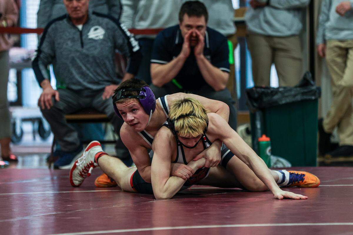 Philipsburg-Osceola’s Averi Gable controls Central Cambria’s Burke Niebauer in their 127-pound quarterfinals match of the District 6 Class 2A Championships on Friday in Altoona. Gable racked up a 12-3 major decision on Niebauer.