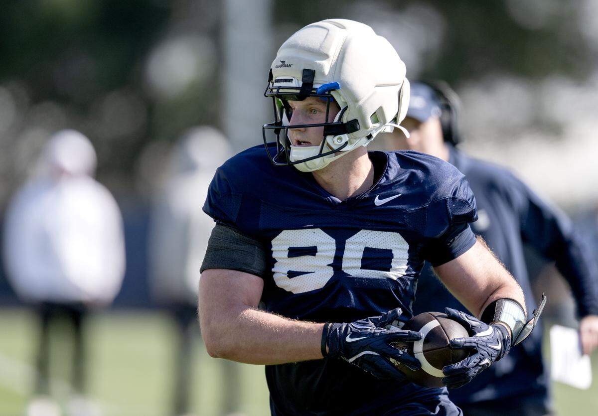 Penn State tight end Cooper Alexander makes a catch during practice on Thursday, April 9, 2026.  