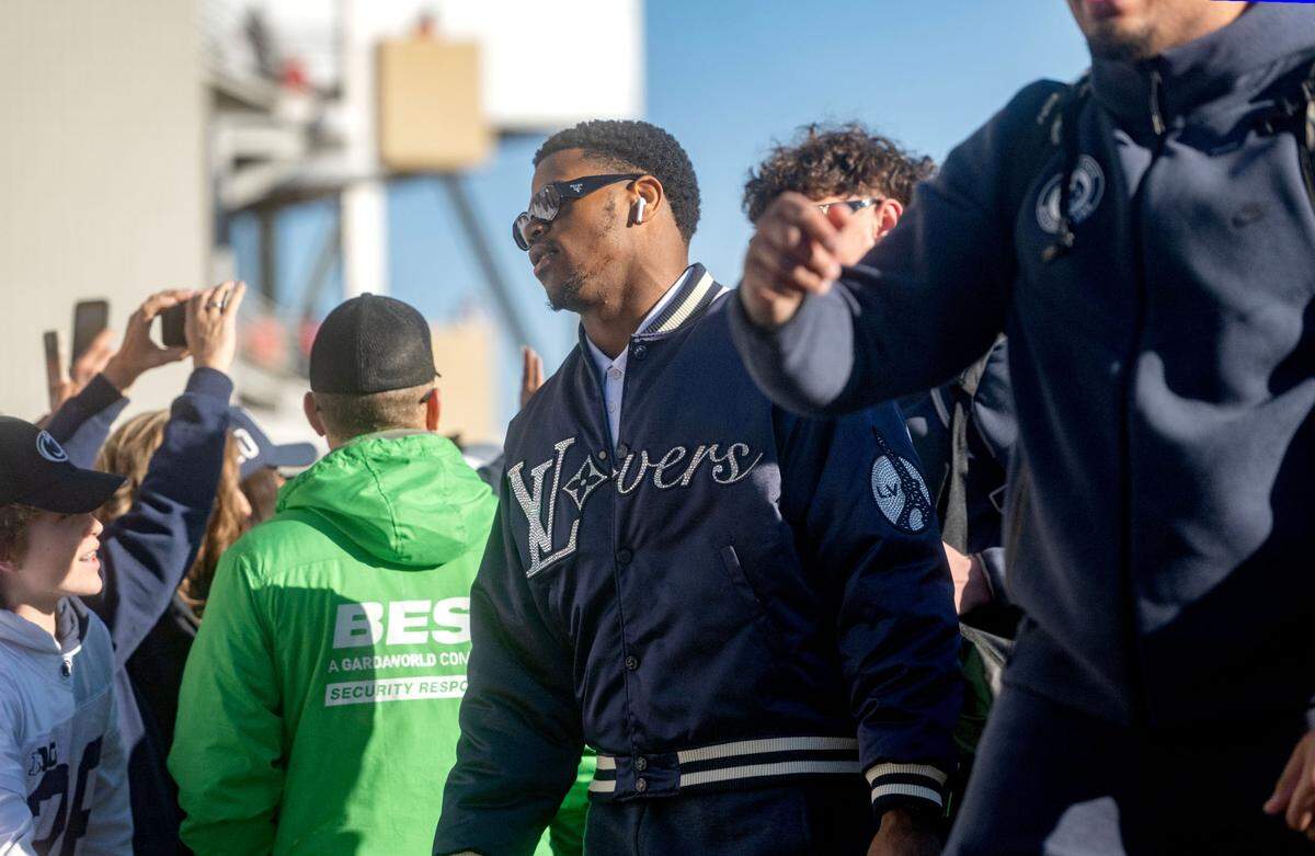 Penn State defensive end Abdul Carter and his teammates arrive at Beaver Stadium for the game against Ohio State on Saturday, Nov. 2, 2024.