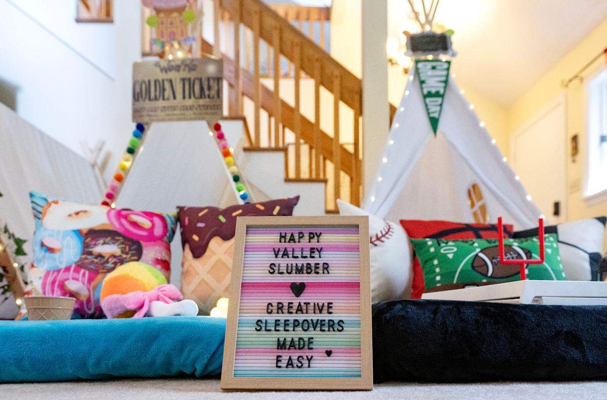 Small business Happy Valley Slumber offers 30 different themes for fun sleepovers. Her husband, Derek Kreager, came up with the slogan “creative sleepovers made easy.”