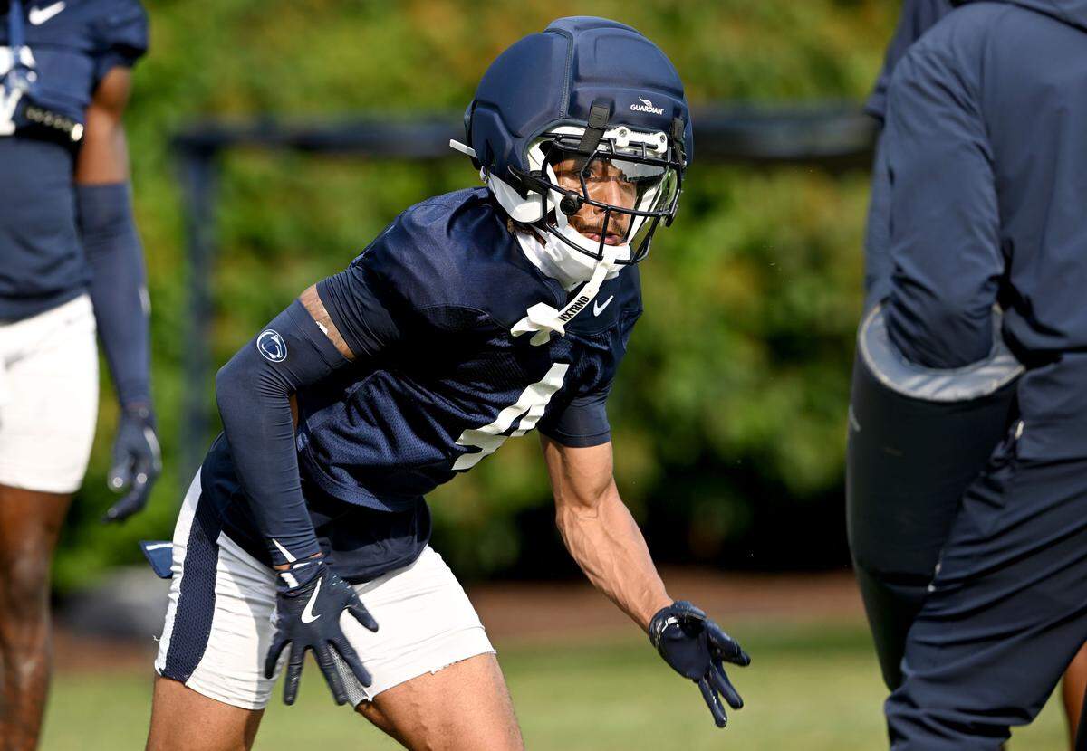 Penn State cornerback A.J. Harris runs a drill during practice on Saturday, Aug. 2, 2025.