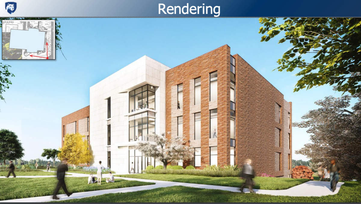 A screenshot of a presentation given to the Penn State board of trustees about the proposed new Applied Research Laboratory building at Innovation Park.