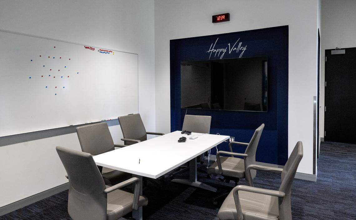 A meeting space by the men’s soccer coach offices in Jeffrey Field Soccer Complex.