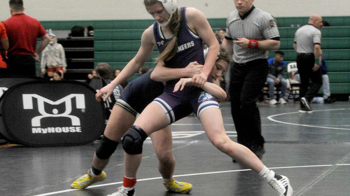 Philipsburg-Osceola’s Isabella Duvall tries to escape from Kiski Area’s Isabella DeVito in their 124-pound fifth place match of the MyHouse Girls State Championships on Sunday, March 12, 2023 at Central Dauphin High School. DeVito topped Duvall, 6-1, in sudden victory.