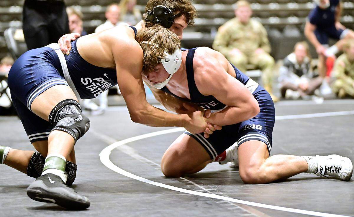 Penn State’s Tyler Kasak (right) and Alex Facundo battle for positioning in their 157-pound finals bout of the Black Knight Invitational on Sunday in West Point, NY. Kasak topped Facundo, 5-2.