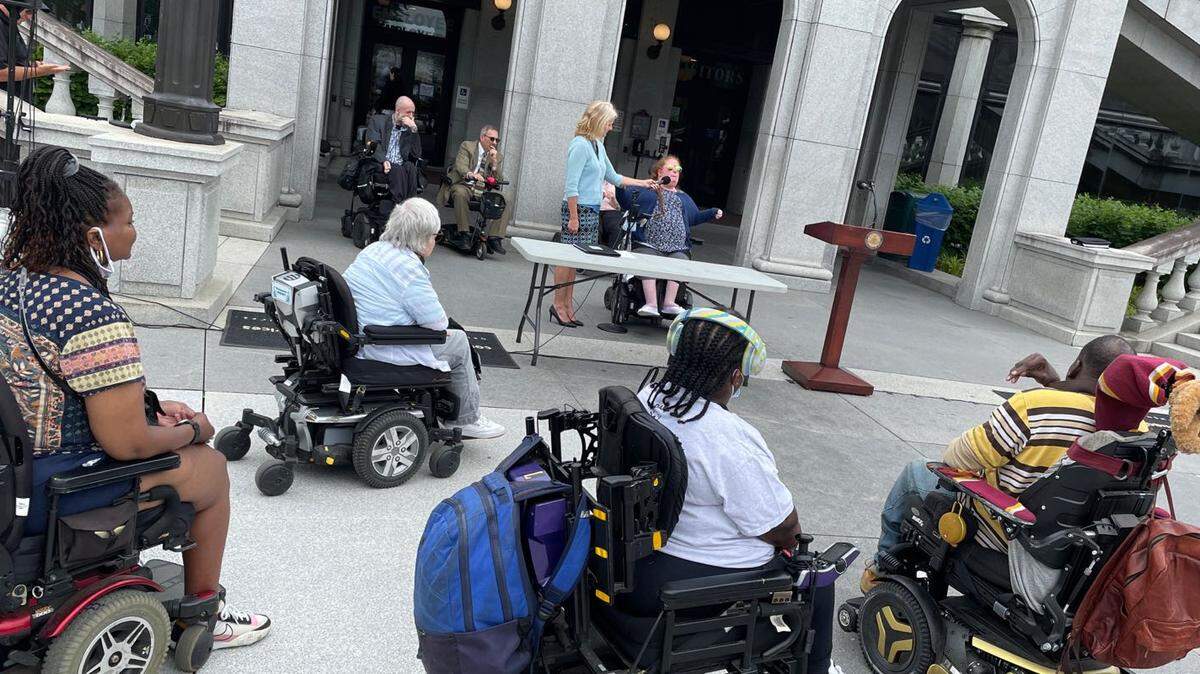 Pennsylvanians with disabilities gather at the state Capitol on June 7, 2022.