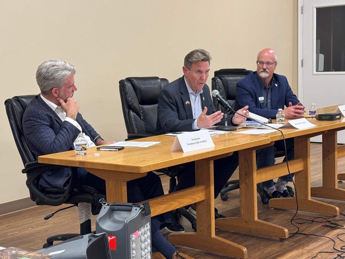 Chamber of Business & Industry of Centre County President and CEO Greg Scott, state Rep. Paul Takac, D-College Township, and Centre County Commissioner Mark Higgins at a public forum earlier this year in the Benner Township Municipal Building.