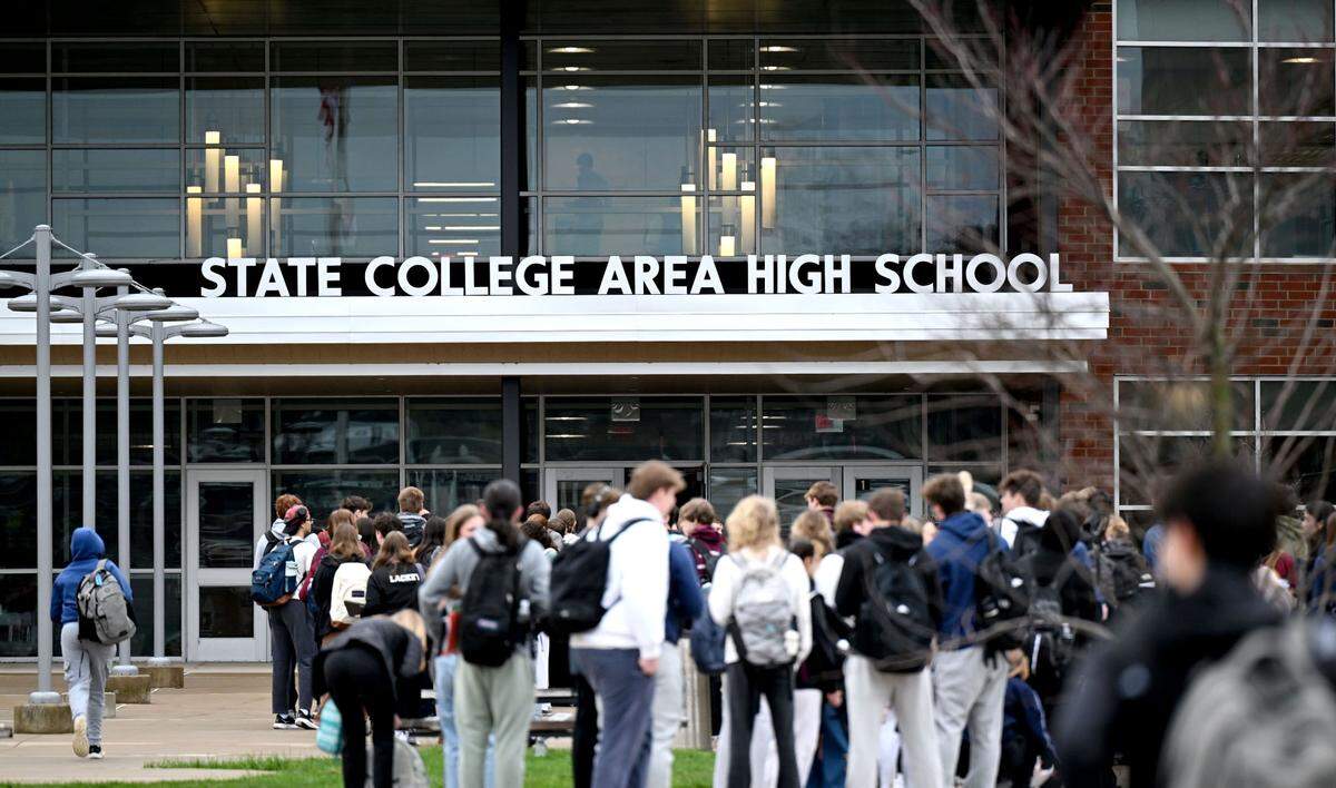 Students arrive at State College Area High School on Monday, April 14, 2025.
