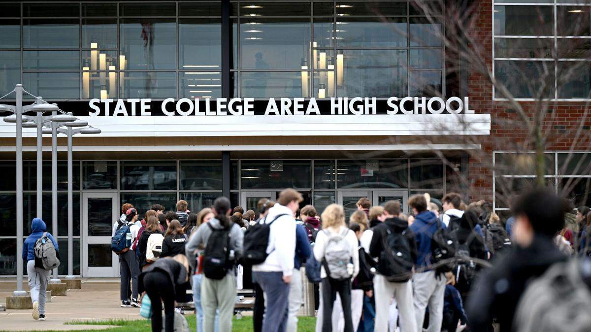 Students arrive at State College Area High School on April 14, 2025.