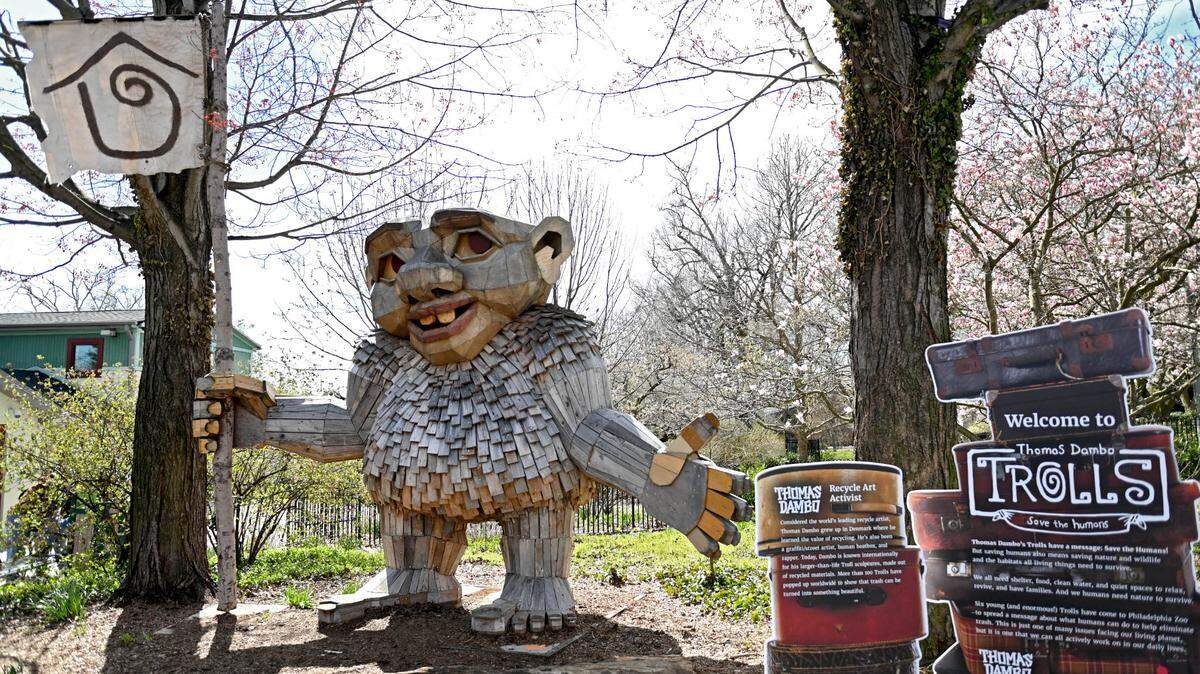 A troll named Ronja Redeye greets visitors to Thomas Dambo’s traveling exhibit at the Philadelphia Zoo in April. A Dambo giant troll does not yet have a permanent home in Pennsylvania, but a group of Centre County community members are trying to change that.