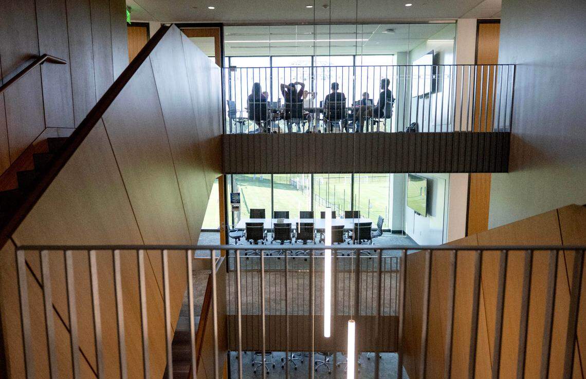 Students work together in conference rooms in Penn State’s new Engineering Collaborative Research and Education Building on Friday, Sept. 6, 2024.