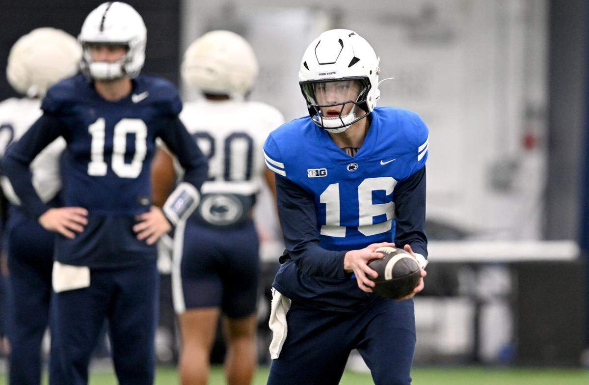 Penn State quarterback Bekkem Kritza runs a drill during practice on Wednesday, Oct. 29, 2025. 