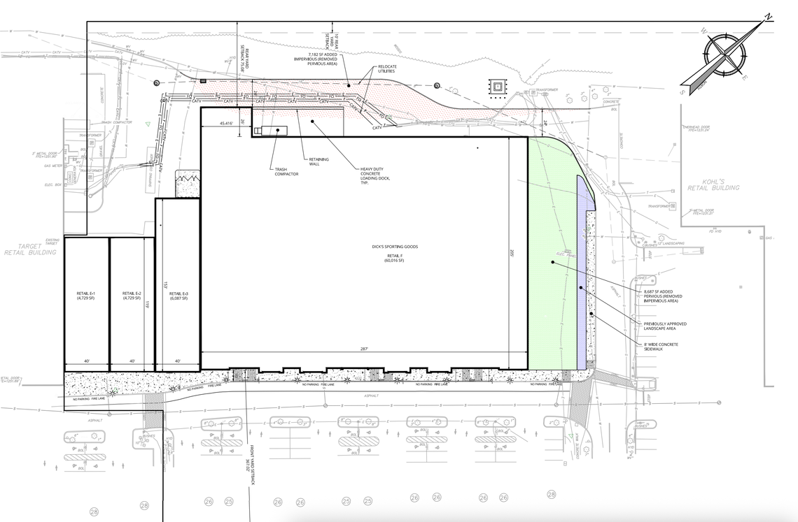 This sketch plan shows the proposed location for a new, larger Dick’s Sporting Goods store in Patton Township. The plan includes three smaller retail spaces for unidentified tenants.