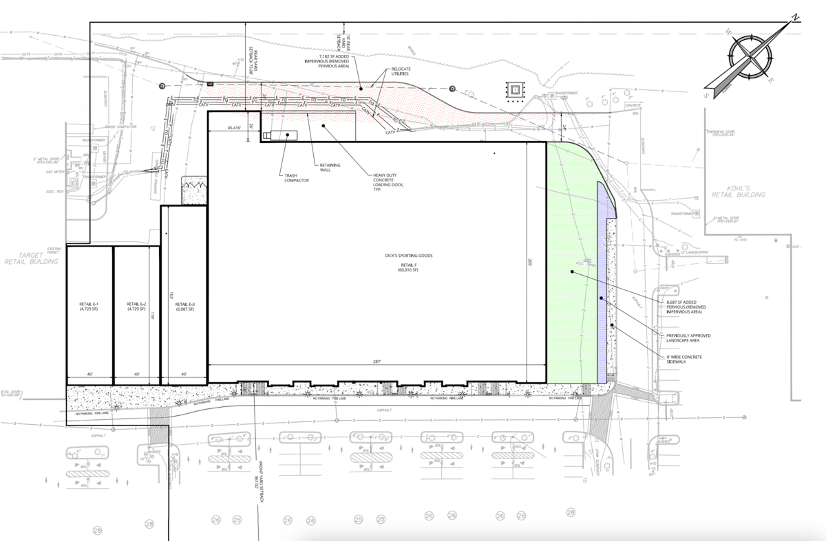 This sketch plan shows the proposed location for a new, larger Dick’s Sporting Goods store in Patton Township. The plan includes three smaller retail spaces for unidentified tenants.