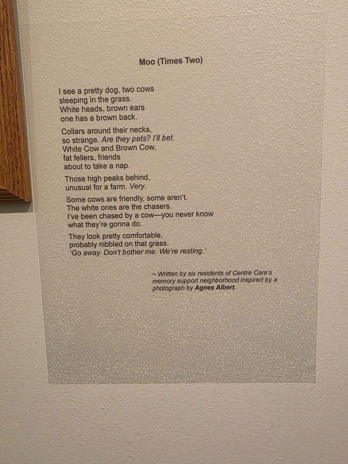 “Moo (Times Two)” hangs beside Agnes Albert’s photograph.
