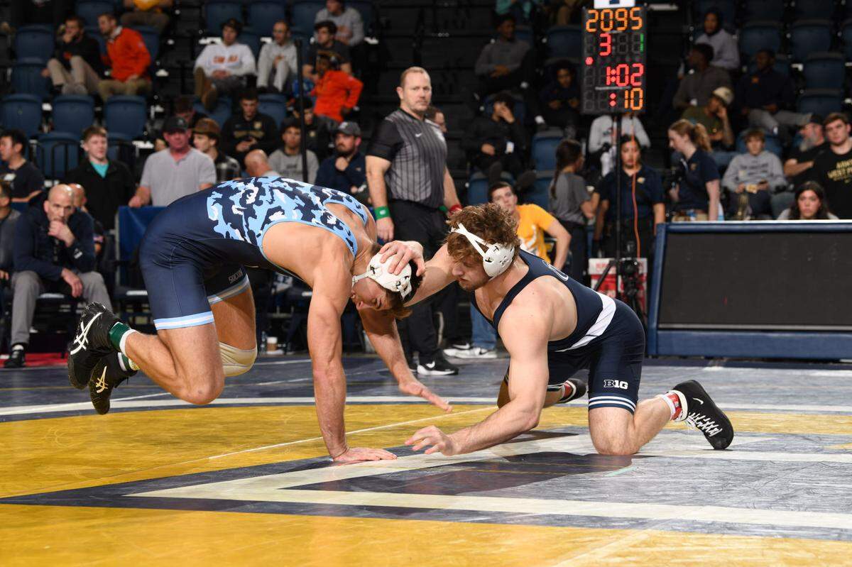 Penn State’s Connor Mirasola scrambles for positioning with The Citadel’s Patrick Brophy in their 197-pound finals match of the Southern Scuffle on Saturday in Chattanooga, Tenn. Mirasola defeated Brophy, 7-3, for the title.