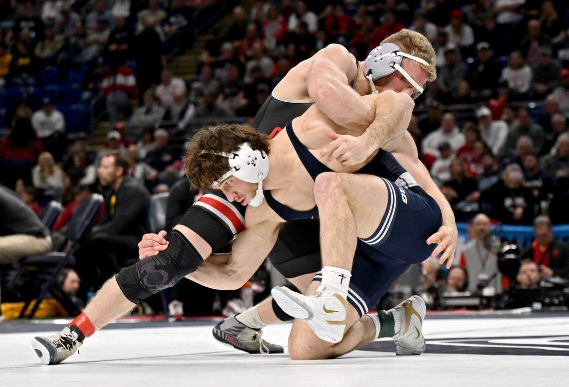 Penn State's Levi Haines controls Ohio State’s Carson Kharcla in a 174-pound semifinal bout at the Big Ten wrestling championships on Saturday, March 7, 2026 at the Bryce Jordan Center.