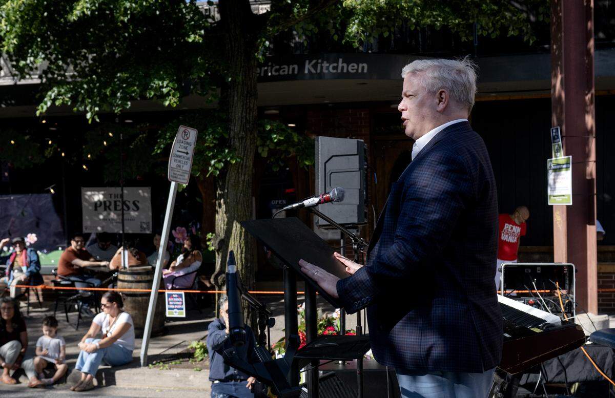 Jonathan Friedman of Comet Properties LLC speaks during the East End Social grand opening block party on Thursday, May 28, 2026. 