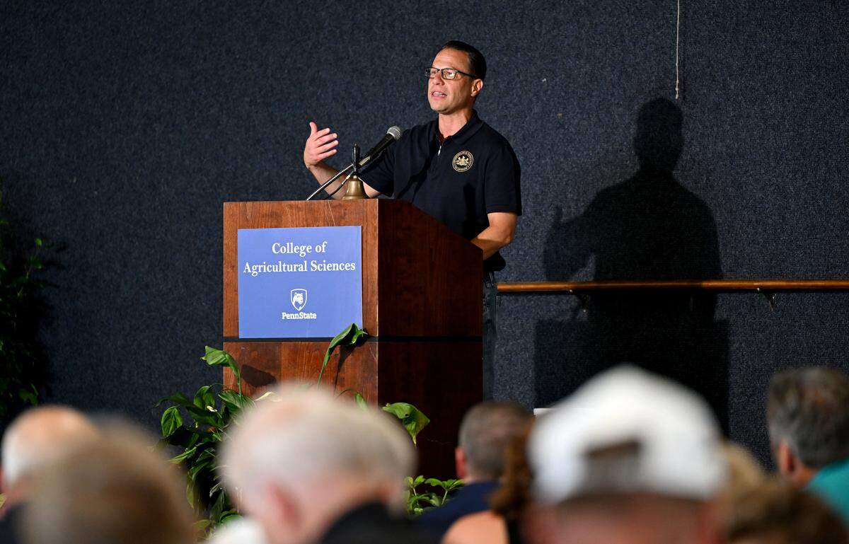 Pennsylvania Gov. Josh Shapiro speaks about agriculture during a luncheon at Penn State’s Ag Progress Days on Aug. 13, 2025.