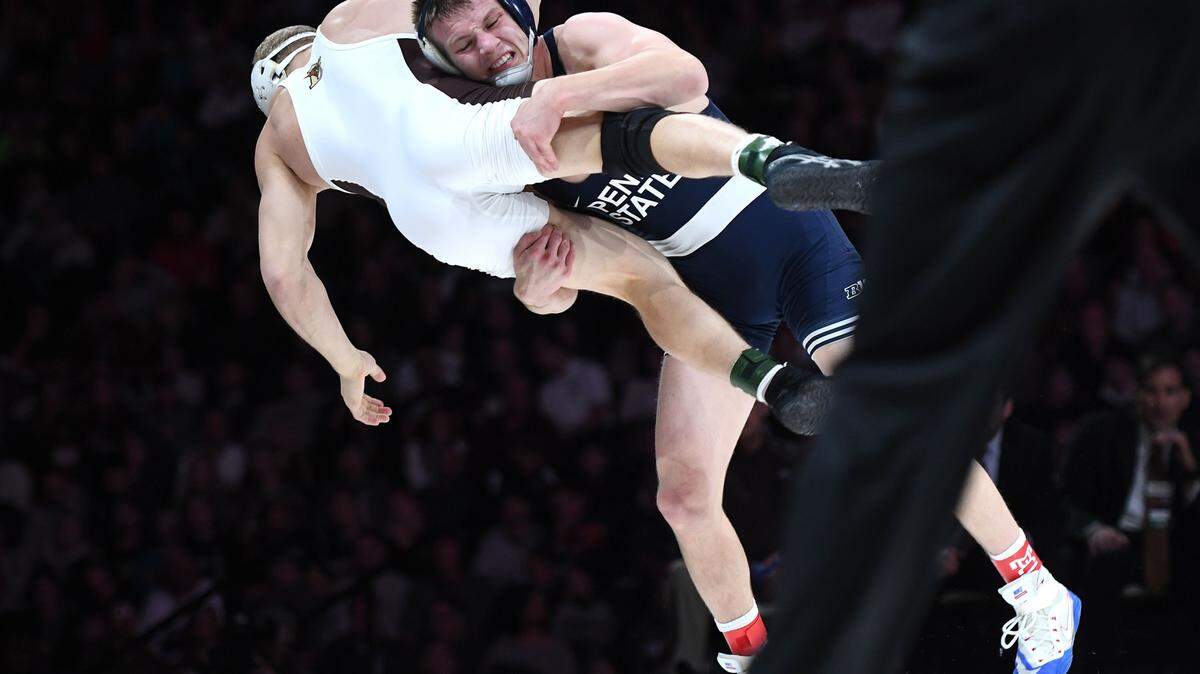 Penn State’s Jason Nolf takes down Lehigh’s Ian Brown at 157 pounds during their 2017 match at Lehigh in Allentown.  Nolf scored a technical fall for the victory, and Penn State defeated Lehigh 23-19.
