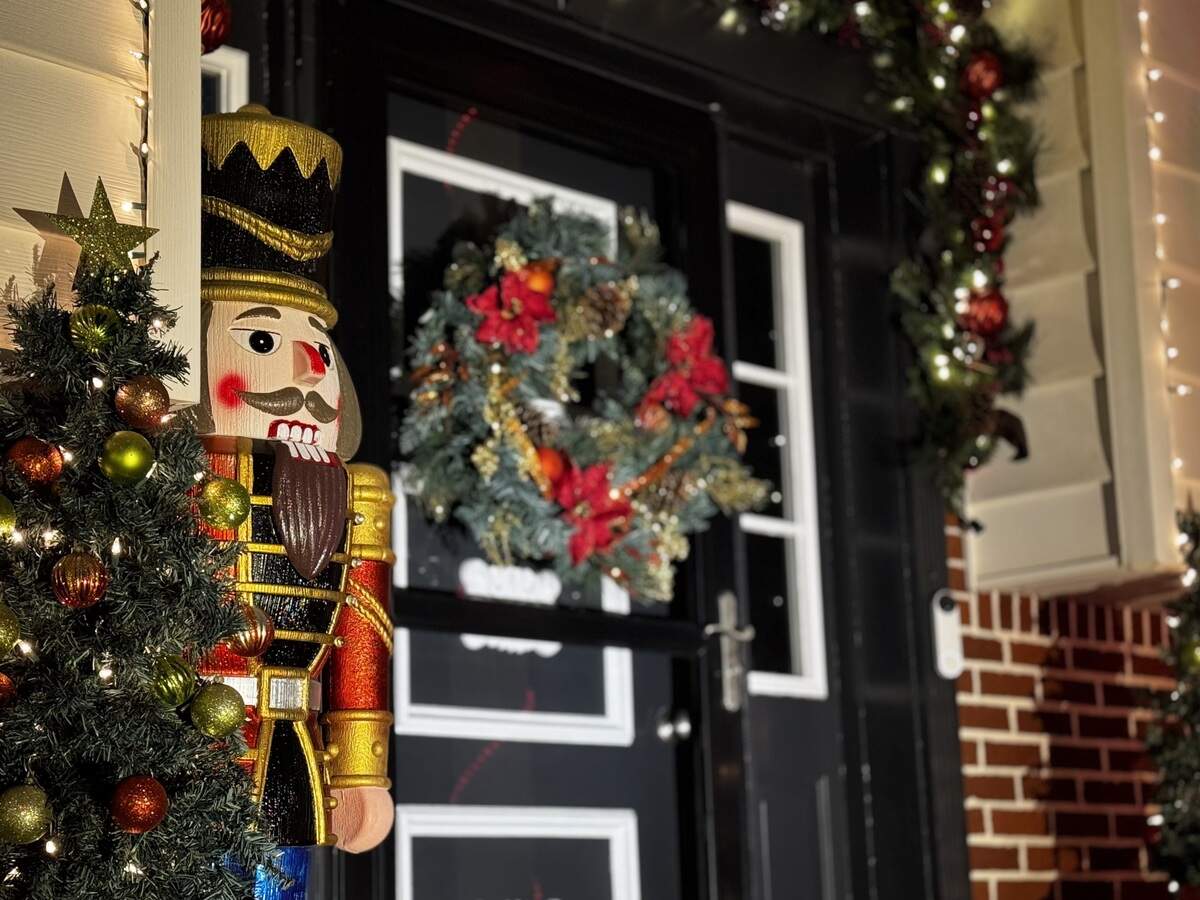 A Nutcracker statue stands outside the front door of 545 Flat Rock Road, Port Matilda on Dec. 3, 2025