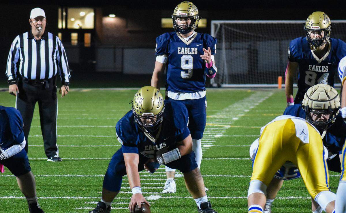 Bald Eagle Area quarterback Carson Nagle completes a 15-yard pass in the game against Bellwood-Antis on Friday, Oct. 18, 2024.