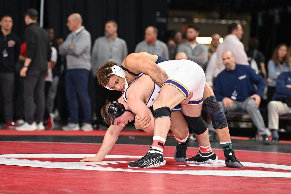 Penn State’s Greg Kerkvliet controls Northwestern’s Lucas Davison in their 285-pound consolation semifinals bout of the Big Ten Championships on Sunday, March 6, 2022 in Lincoln, Neb. Kerkvliet topped Davison 5-3 to make the consolation finals.