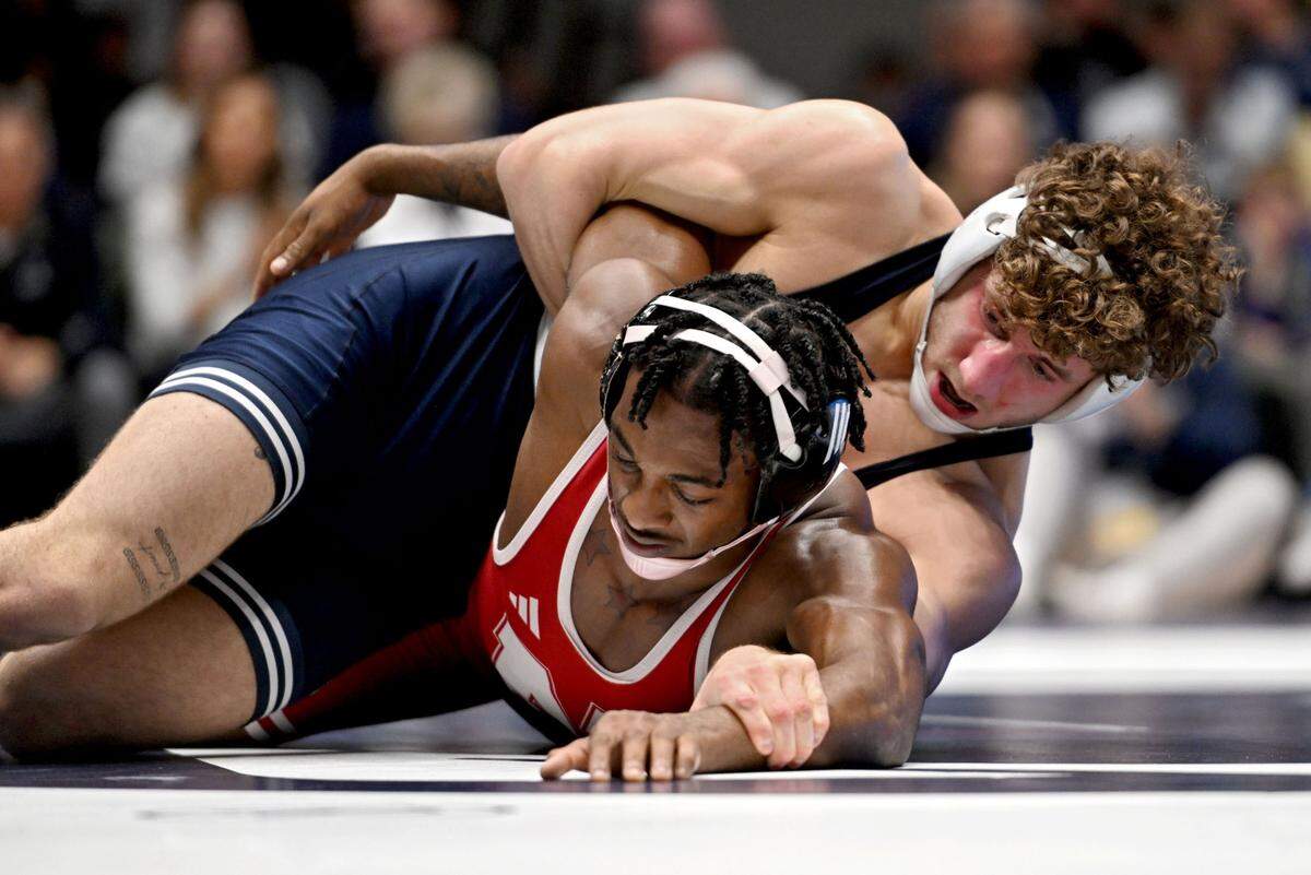 Penn State’s Mitchell Mesenbrink controls Nebraska’s Antrell Taylor in the 165 lb bout of the match on Sunday, Feb. 18, 2024 in Rec Hall.