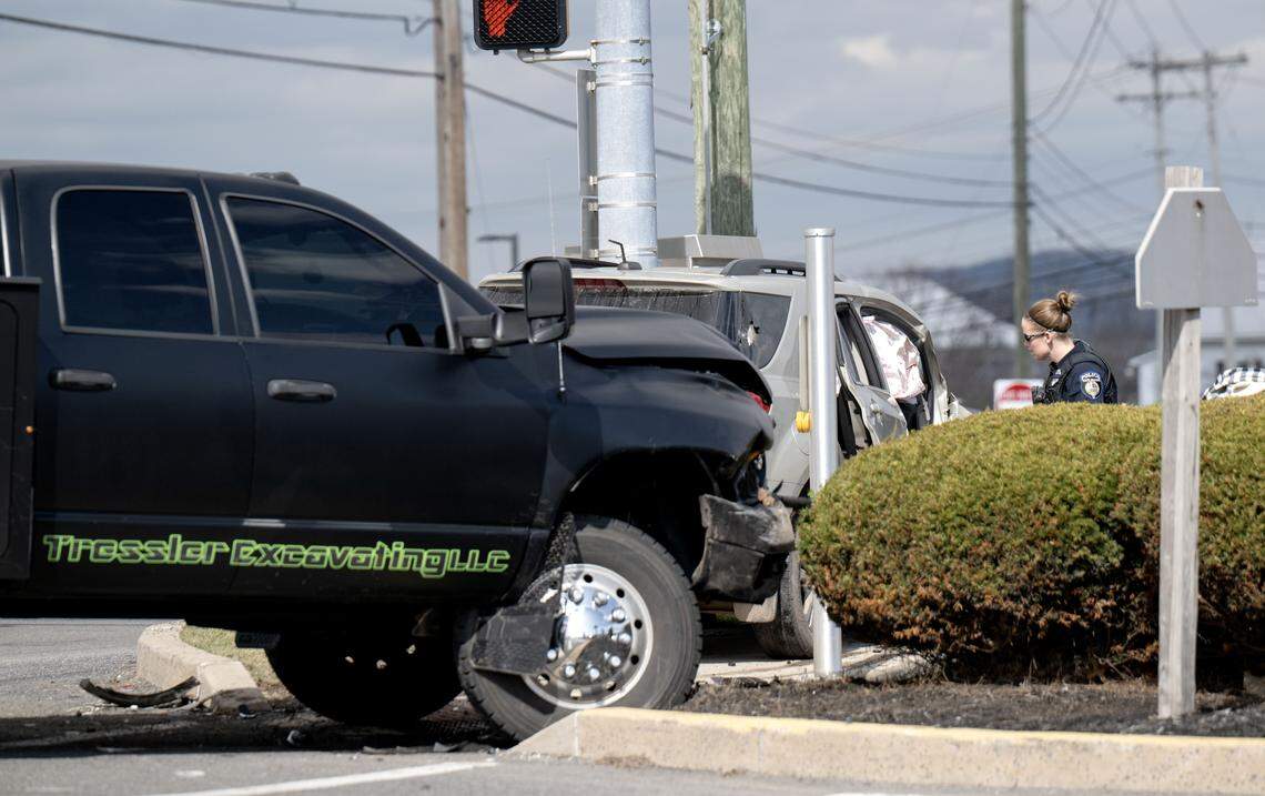 Police investigate a crash in the 500 block of Benner Pike on March 10, 2026.  