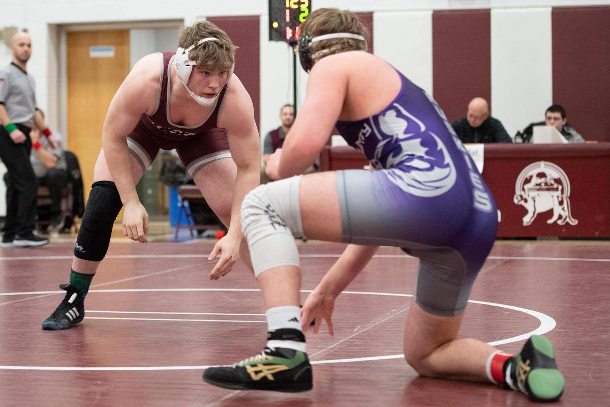 State College’s Nicholas Pavlechko wrestles Mifflin County’s Anson Wagner during the PIAA District 6 AAA Championships at Altoona Area High School on Saturday, Feb. 26, 2022 in Altoona, Pa.