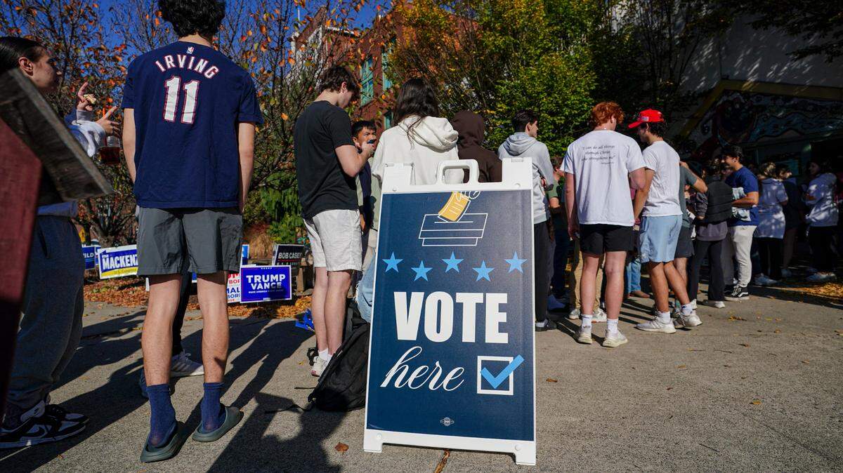People wait in line to vote Nov. 5, 2024, at the Banana Factory in Bethlehem, Northampton County, Pennsylvania.
