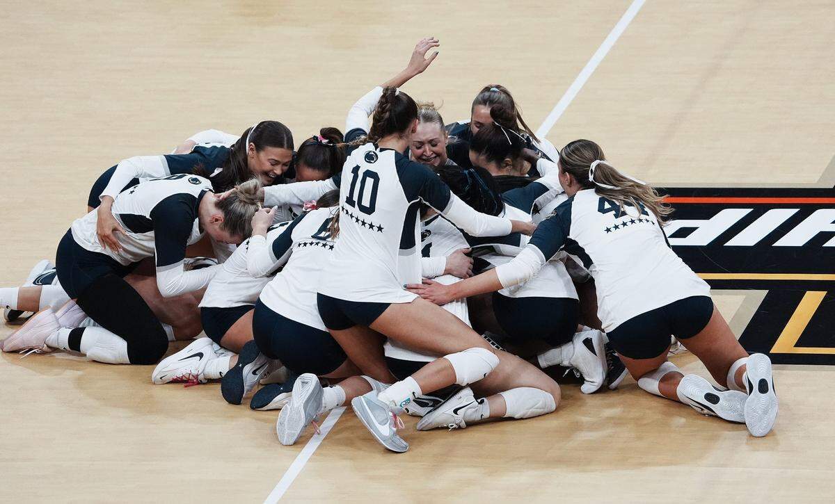 Penn State celebrated after they defeated Louisville 3 sets to 1 to win the NCAA Championship Volleyball match at the KFC Yum! Center in Louisville, Ky. on Dec. 22, 2024.