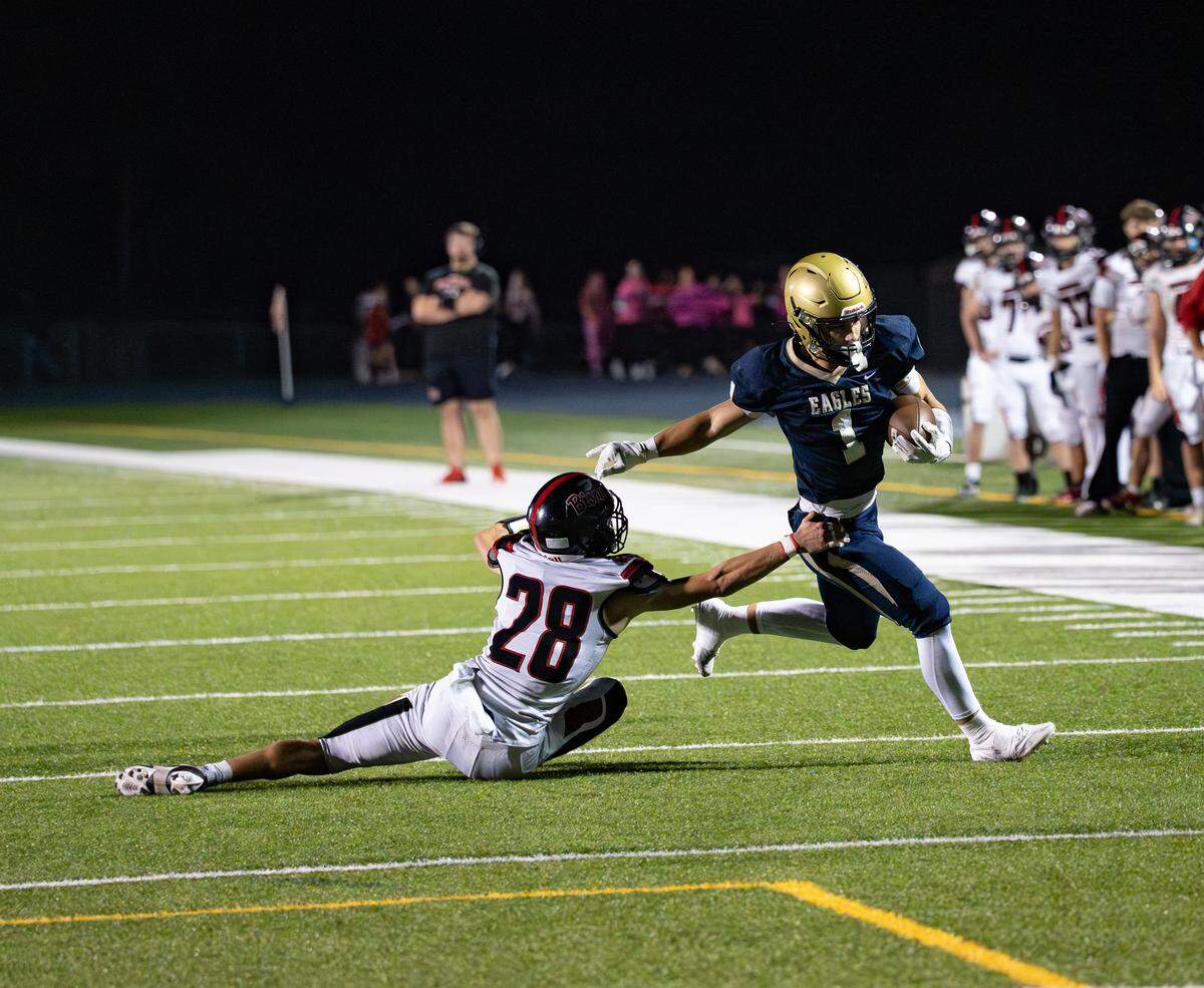 Bald Eagle Area wide Receiver Kollin Cunningham (1) runs with the ball during the high school football game against Clearfield at Alumni Stadium on Friday, Oct. 3, 2025, in Wingate, Pa. The Bison beat the Eagles 12-6.
