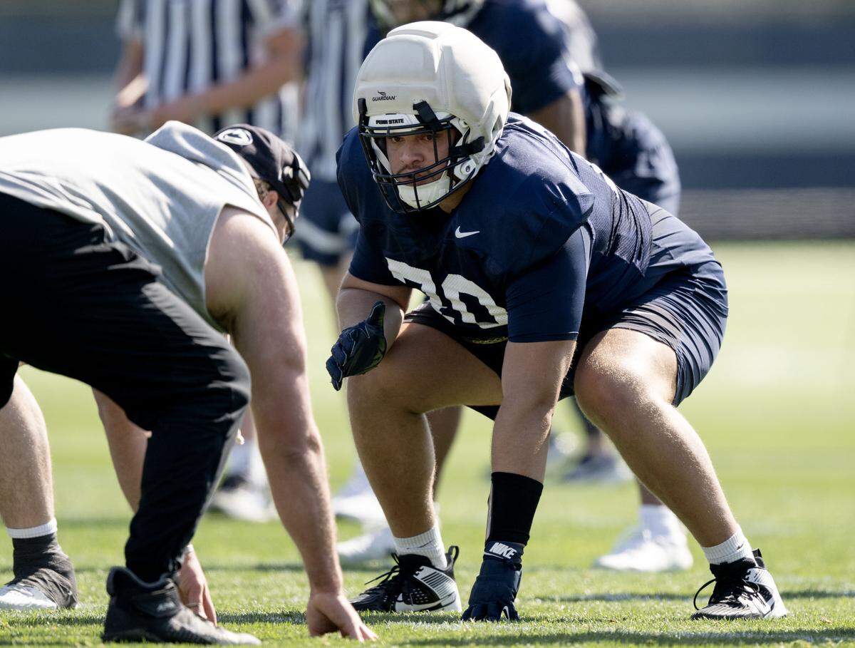 Penn State offensive lineman Trevor Buhr lines up for a play during practice on Thursday, April 9, 2026.  