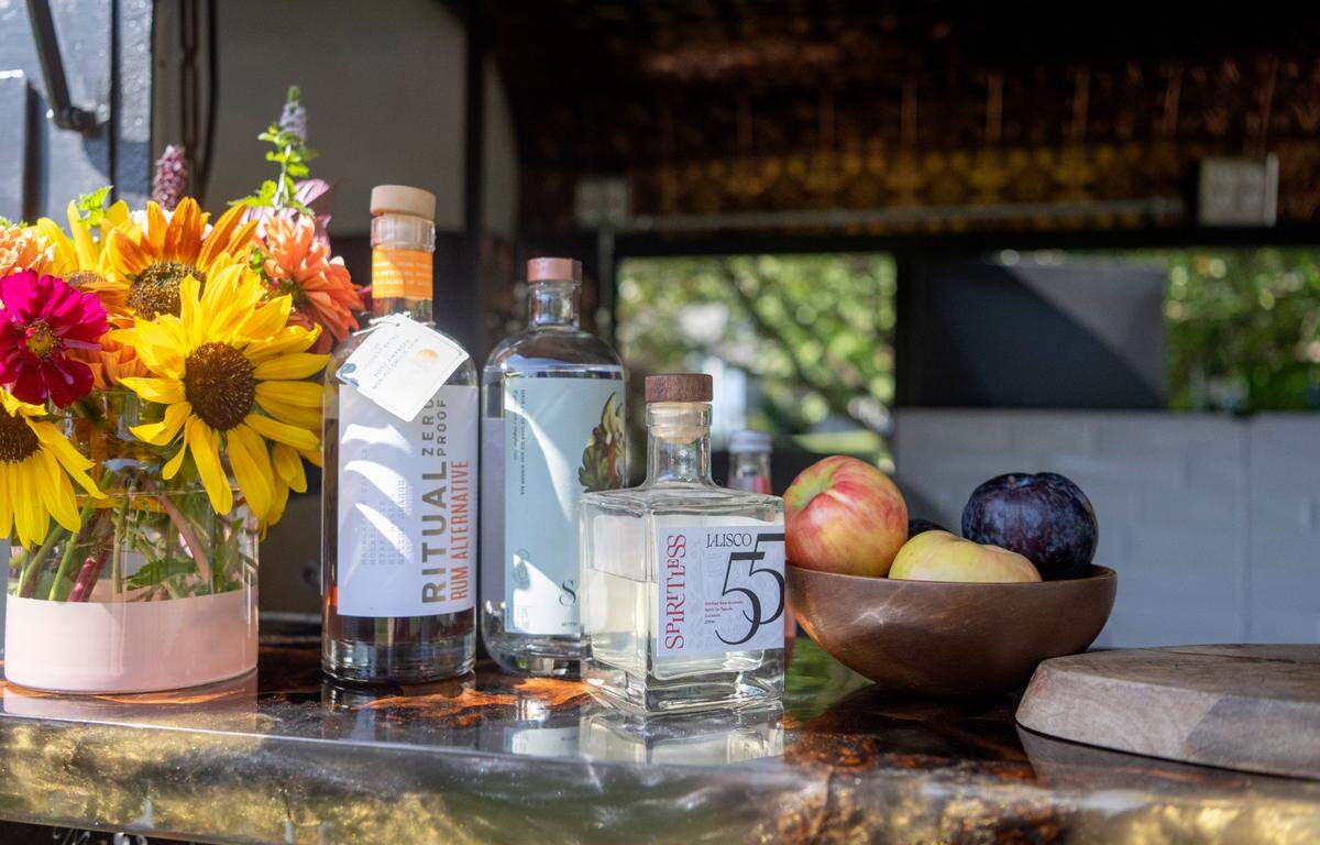 Some of the non-alcocholic spirits used for the mocktails from Nellie the Mobile Bar on Tuesday, Sept. 12, 2023.